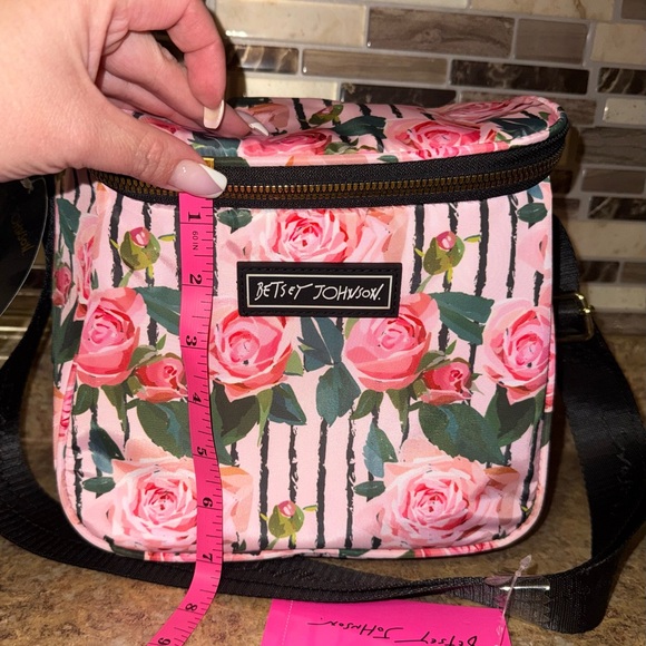 Betsey Johnson Pink Rose Print Crossbody Bag with Black Strap - Picture 4 of 6